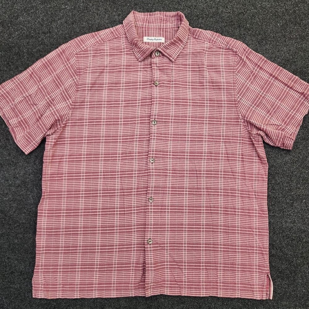 Tommy Bahama Mens XL Pink Plaid 100% Silk Relaxed Button Up Camp Shirt Casual